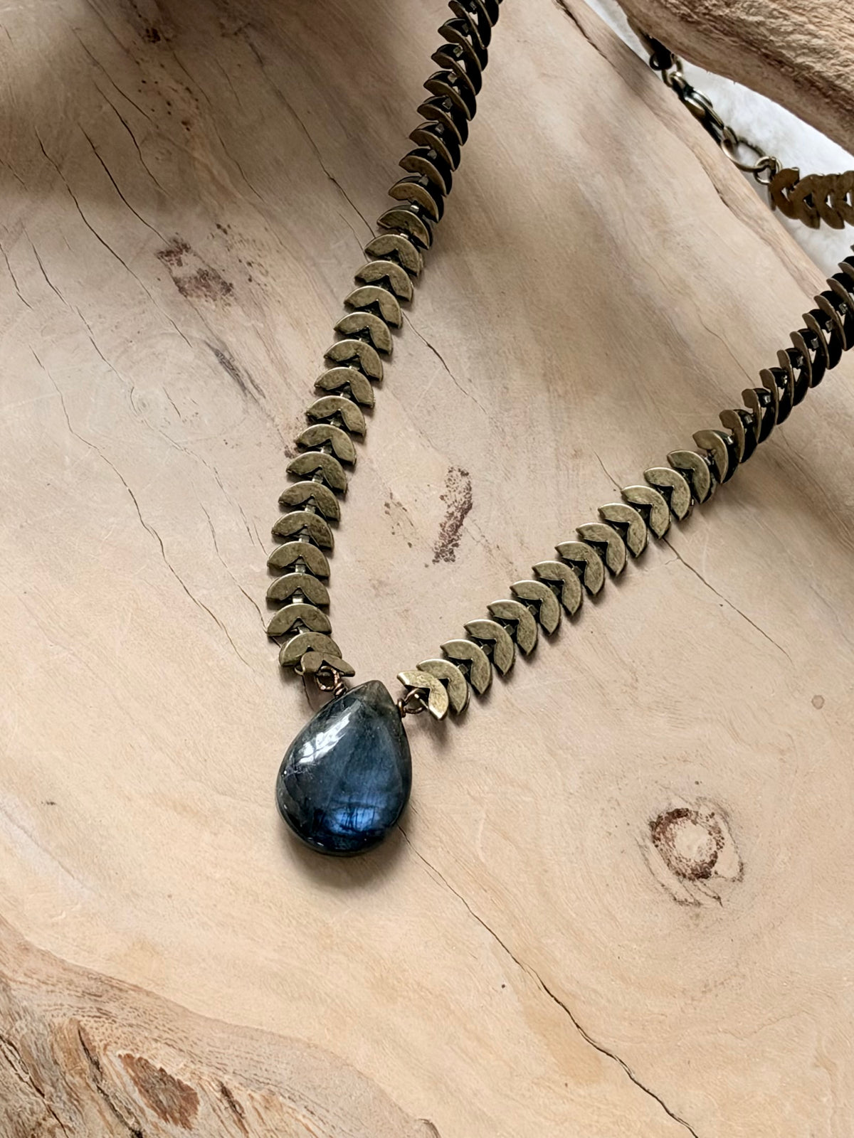 Labradorite + Antique Brass Half-Moon Necklace