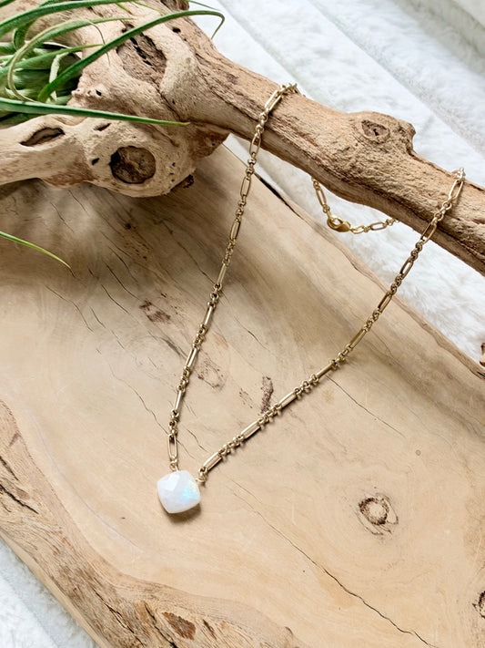 Cushion Cut Rainbow Moonstone + Matte Gold Necklace
