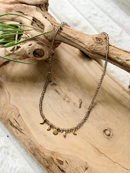 Smoky Quartz + Gold Moon Phases Beaded Necklace