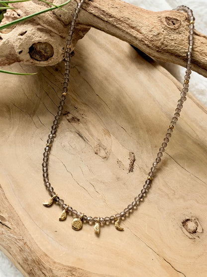 Smoky Quartz + Gold Moon Phases Beaded Necklace