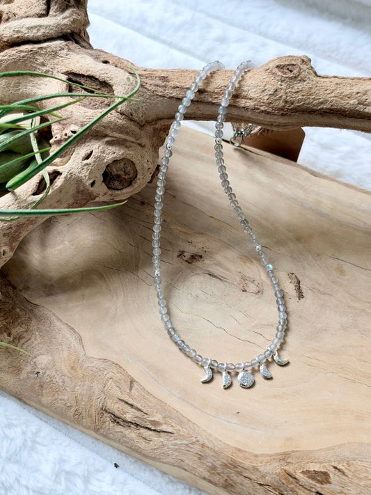 Labradorite + Silver Moon Phases Beaded Necklace