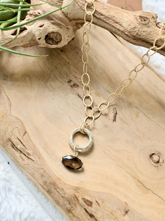 Smoky Quartz Evil Eye + Matte Gold Necklace