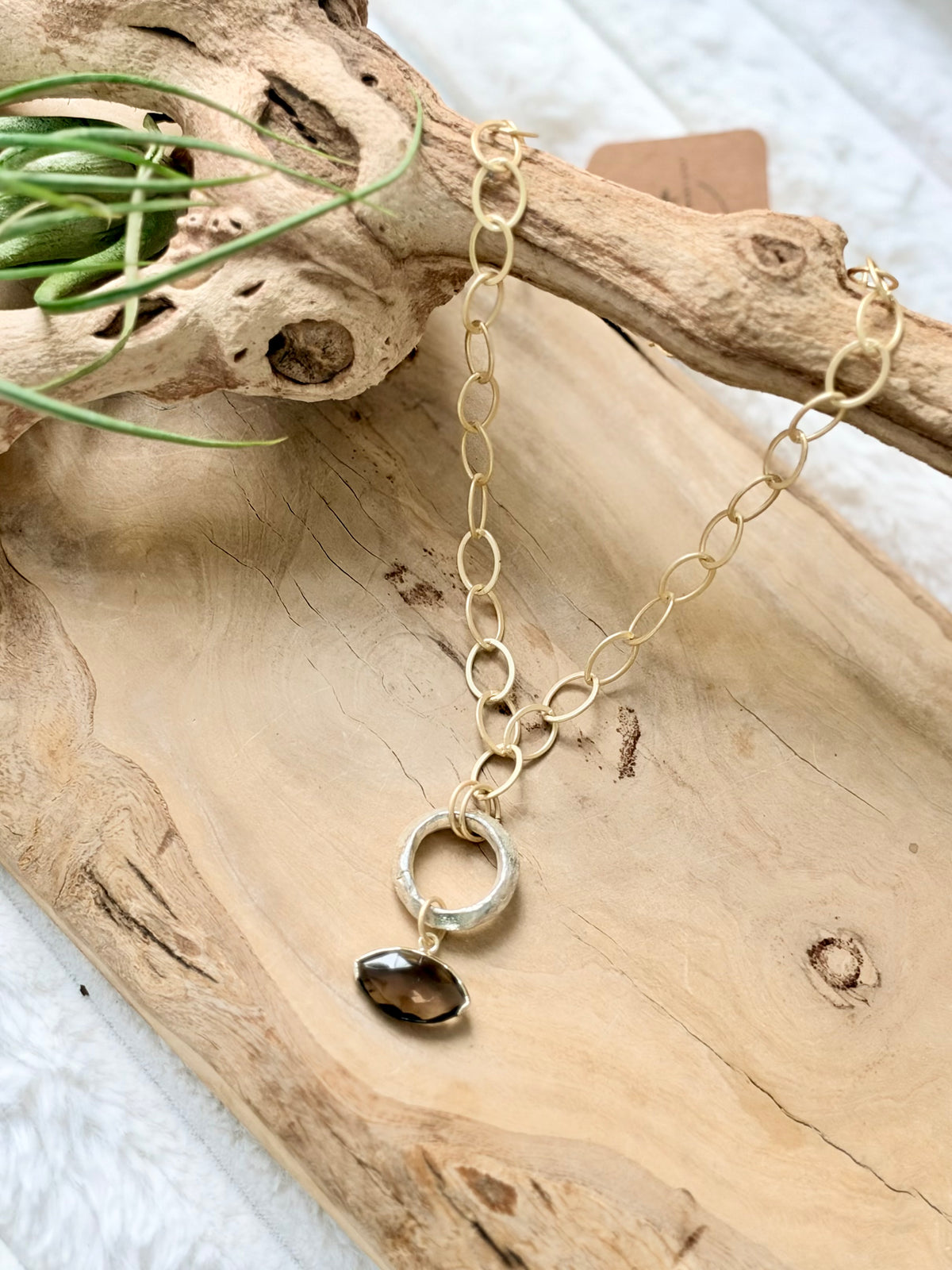 Smoky Quartz Evil Eye + Matte Gold Necklace