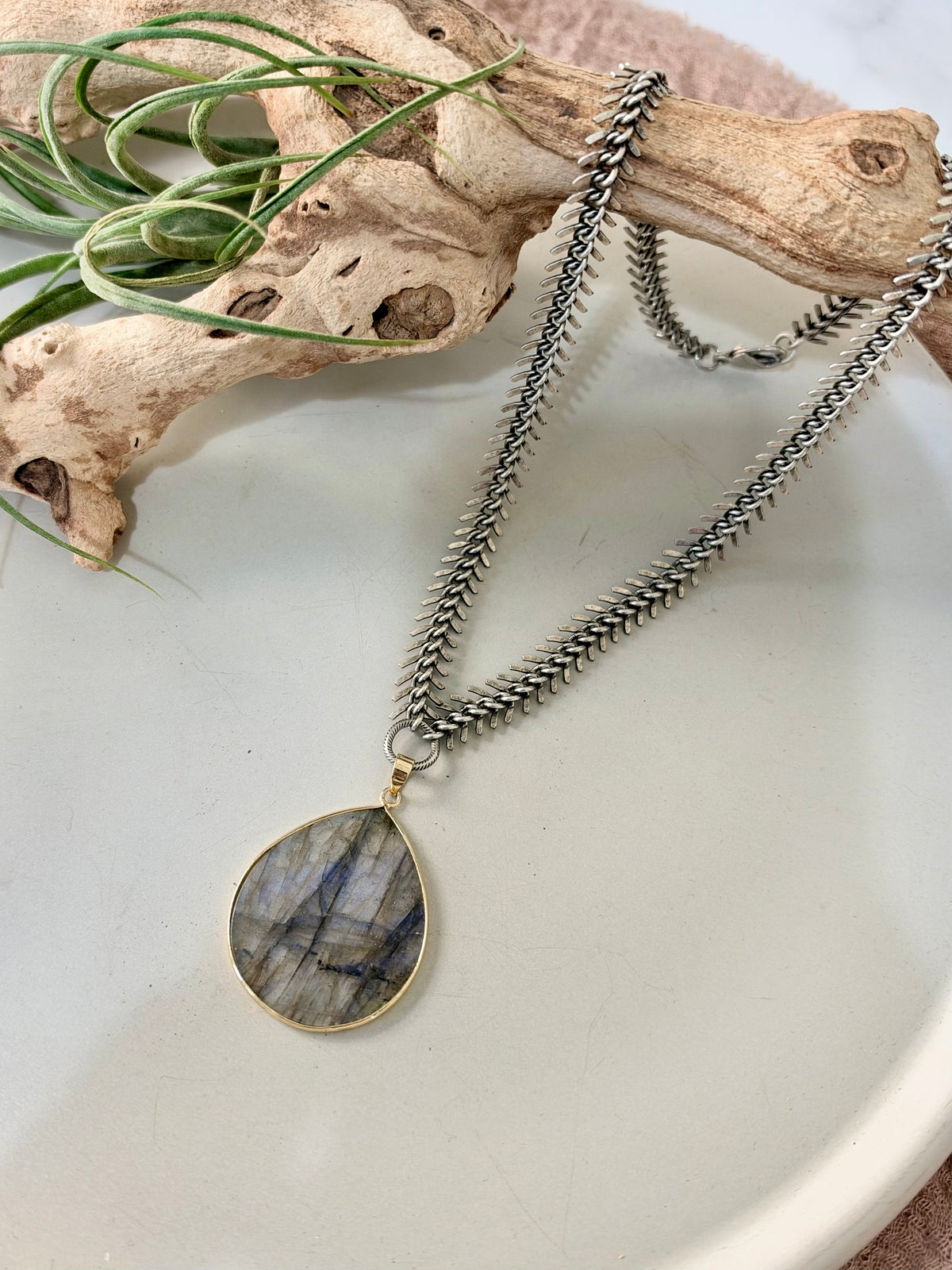 Labradorite + Antique Silver Fishbone Necklace