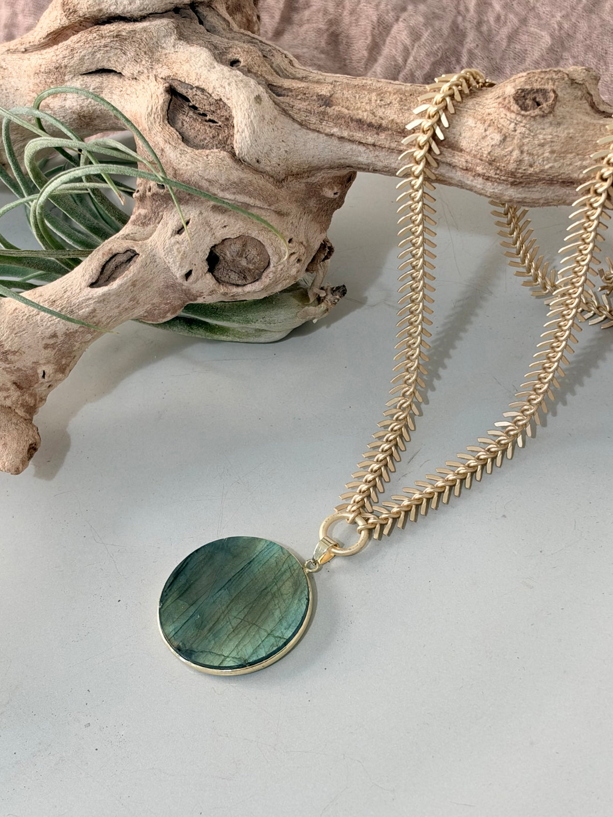 Labradorite + Matte Gold Fishbone Necklace