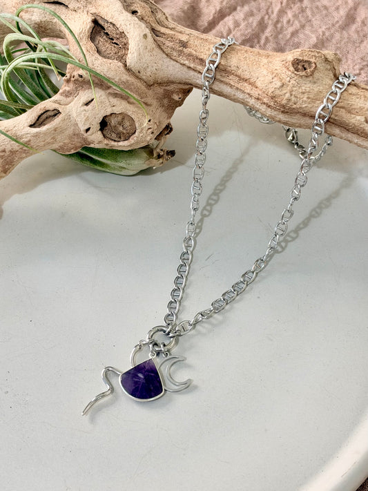 Amethyst + Silver Stainless Carabiner Charm Necklace