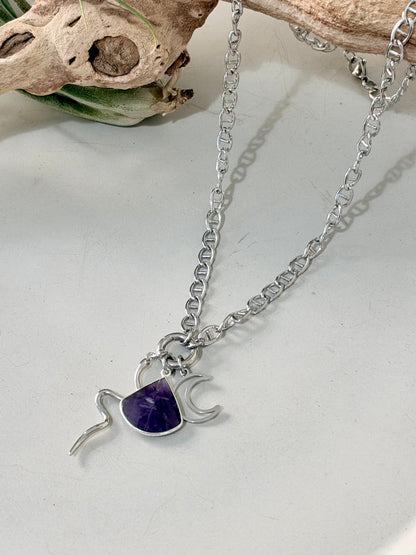 Amethyst + Silver Stainless Carabiner Charm Necklace