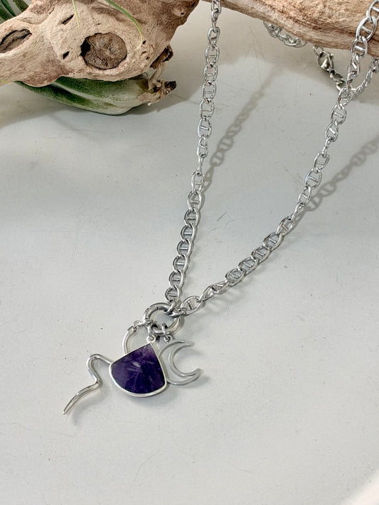 Amethyst + Silver Stainless Carabiner Charm Necklace