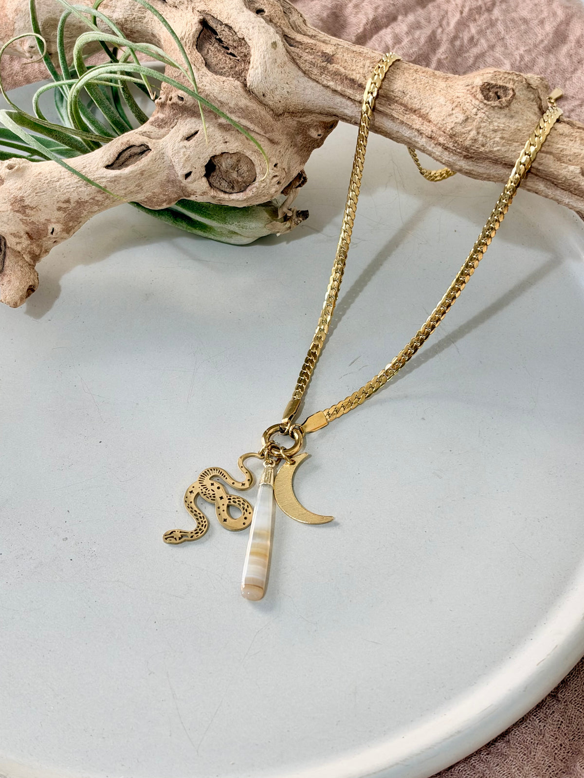 Striped Agate + Gold Carabiner Herringbone Necklace