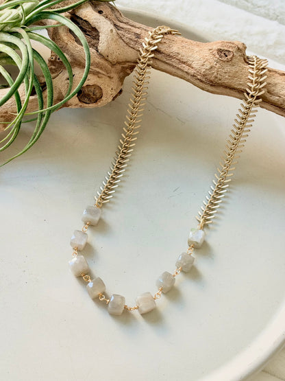 Gray Moonstone + Matte Gold Fishbone Necklace