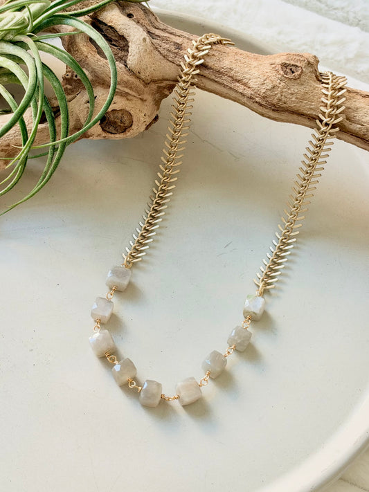 Gray Moonstone + Matte Gold Fishbone Necklace