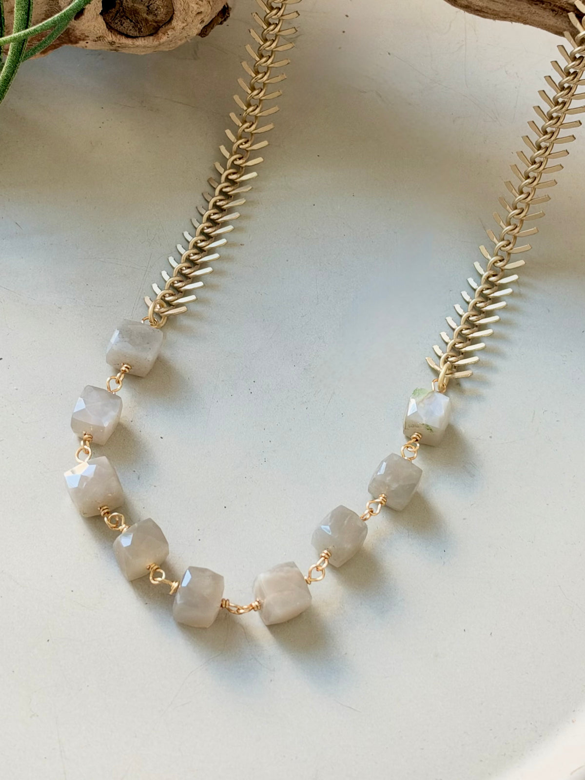 Gray Moonstone + Matte Gold Fishbone Necklace