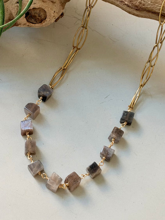 Chocolate Moonstone Cubes + Gold Double Chain Necklace