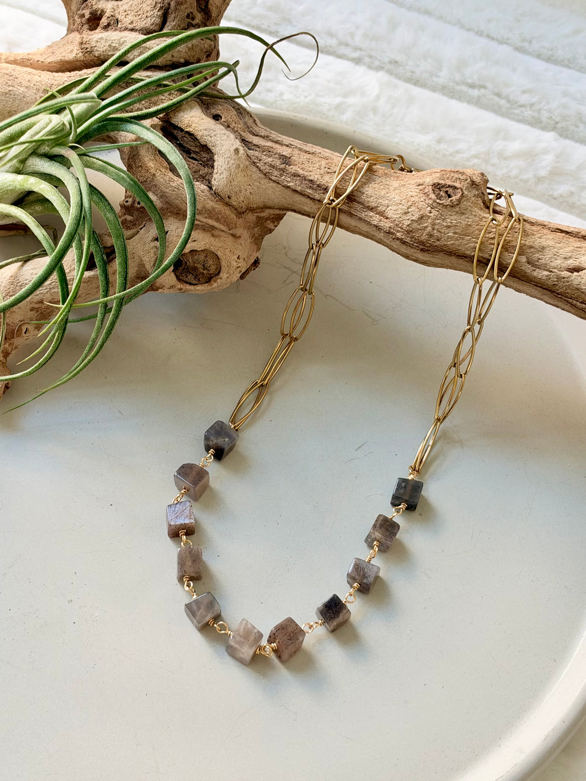 Chocolate Moonstone Cubes + Gold Double Chain Necklace