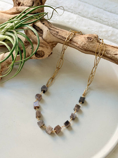 Chocolate Moonstone Cubes + Gold Double Chain Necklace