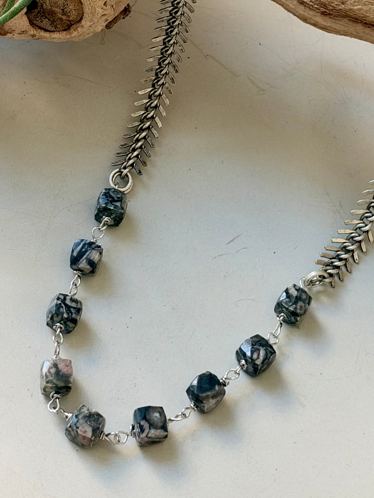 Picasso Jasper + Antique Silver Fishbone Necklace