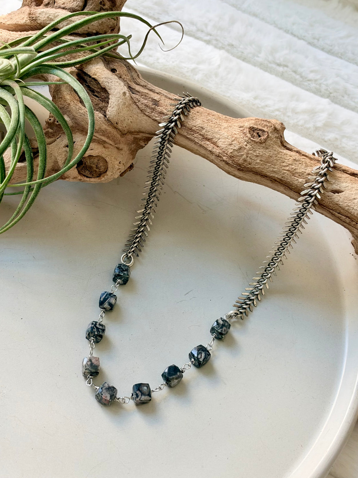 Picasso Jasper + Antique Silver Fishbone Necklace