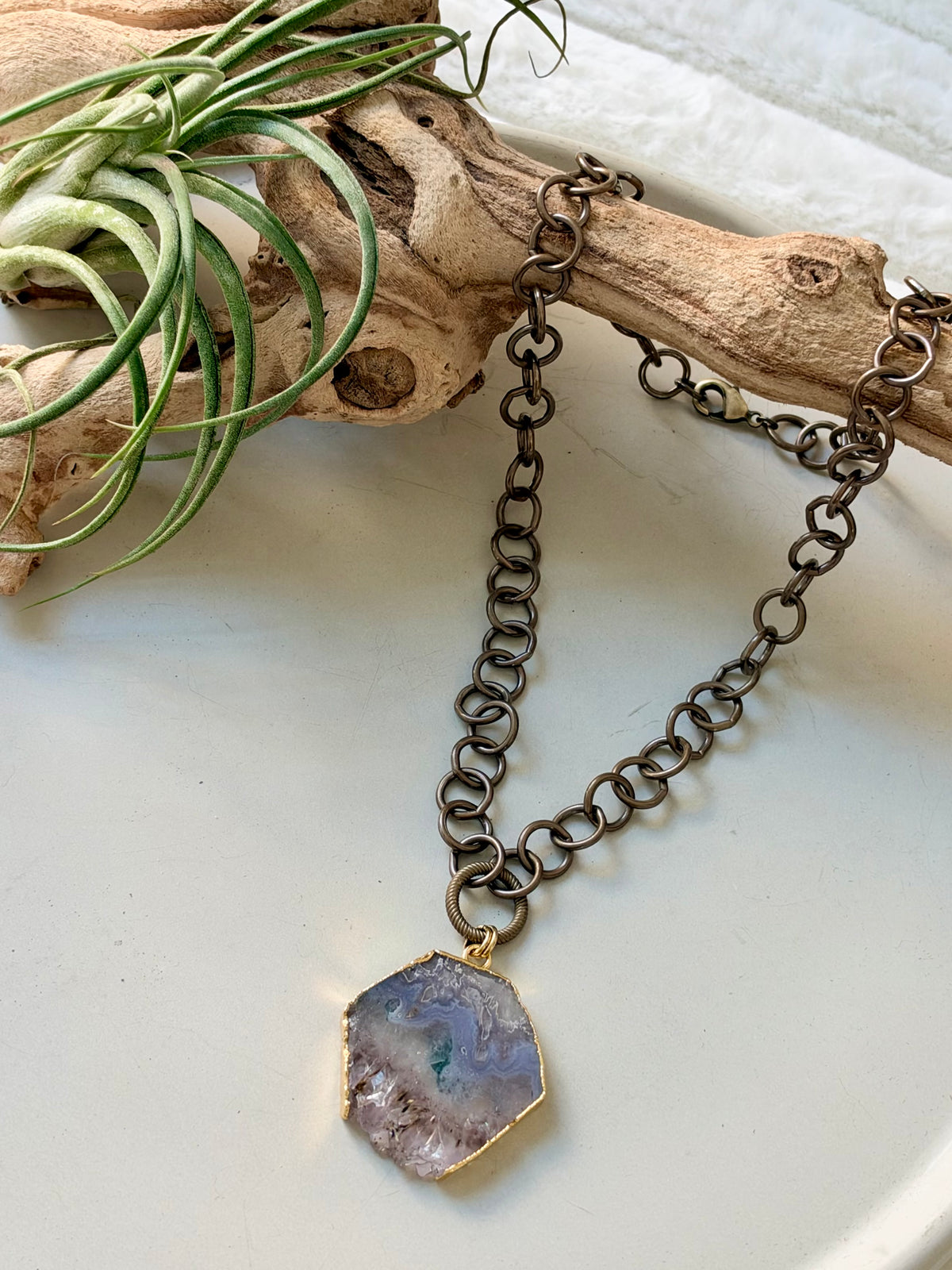 Amethyst Slice + Antique Brass Necklace