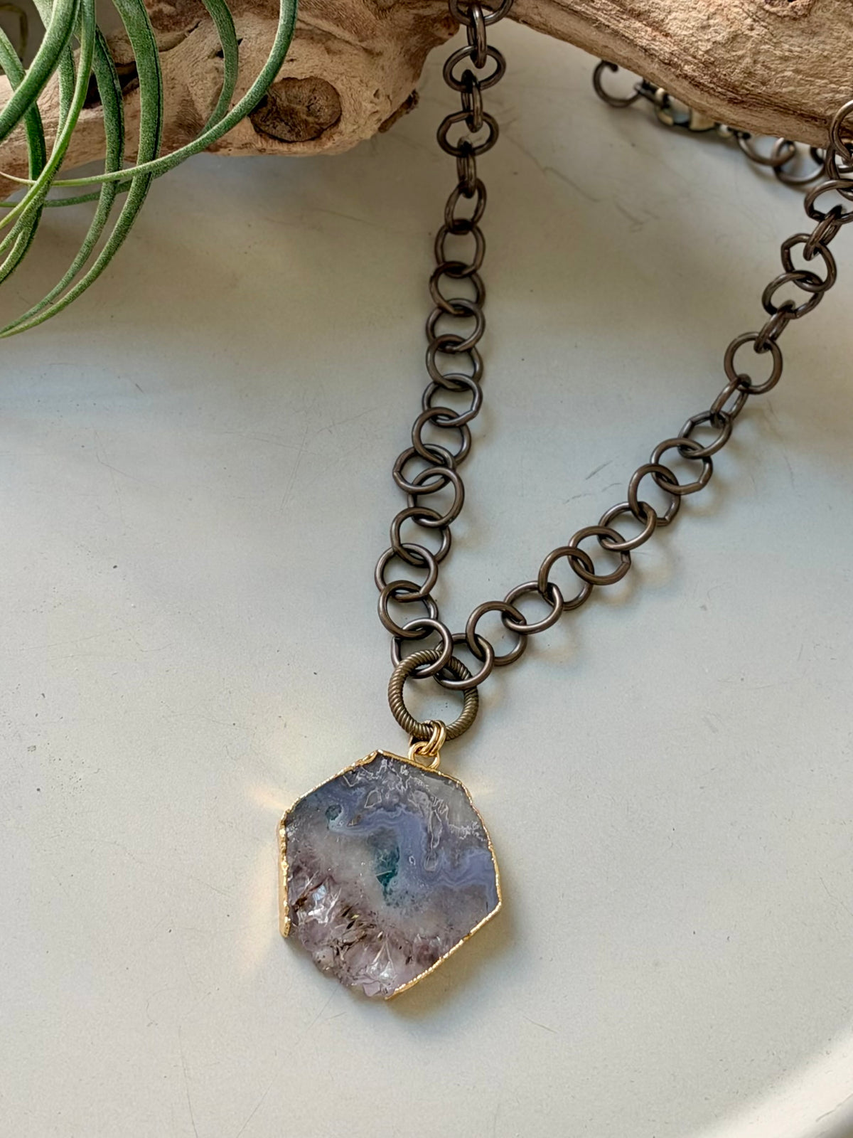 Amethyst Slice + Antique Brass Necklace