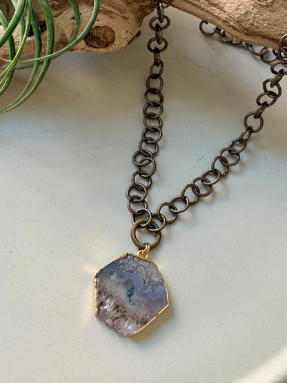 Amethyst Slice + Antique Brass Necklace