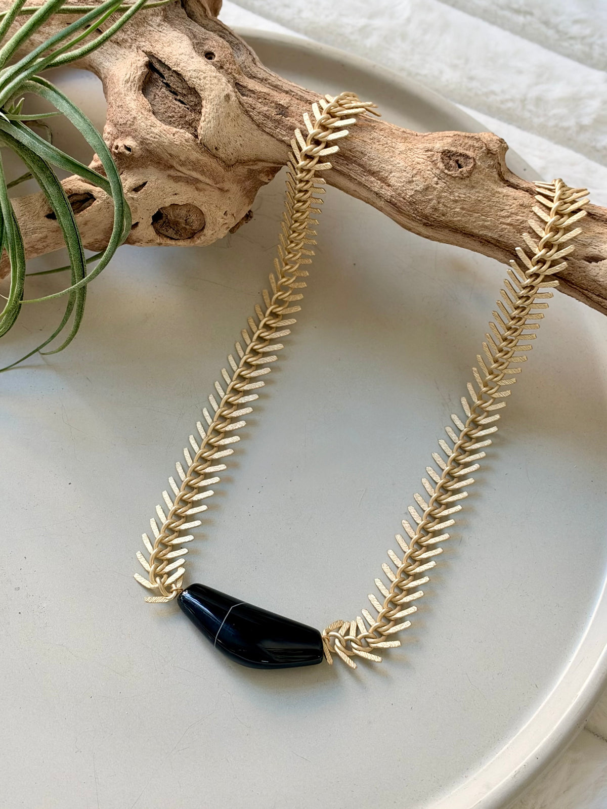 Tuxedo Agate + Matte Gold Fishbone Necklace