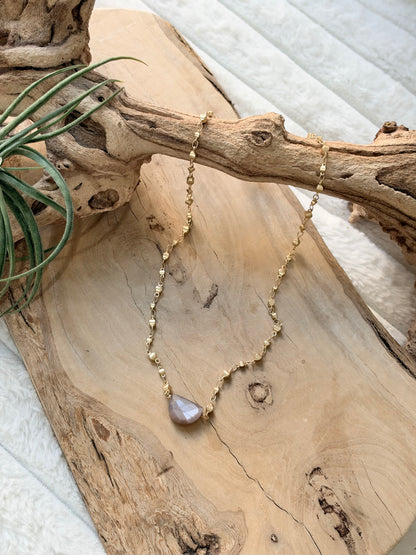 Chocolate Moonstone + Matte Gold Half Moon Necklace