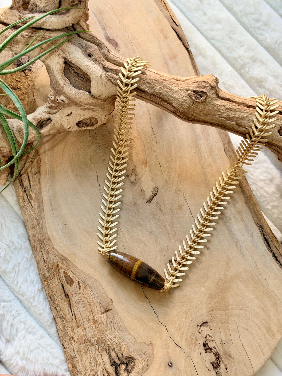 Tiger Iron + Matte Gold Fishbone Necklace