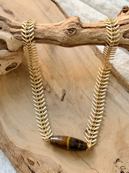 Tiger Iron + Matte Gold Fishbone Necklace