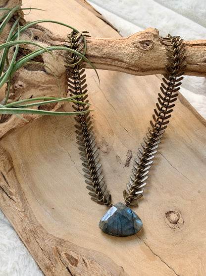 Labradorite + Antique Brass Fishbone Necklace