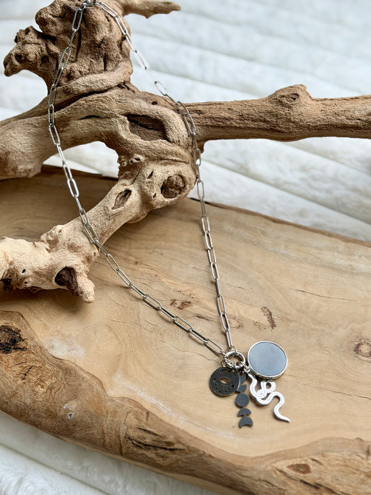 Black Onyx + Silver Carabiner Charm Necklace