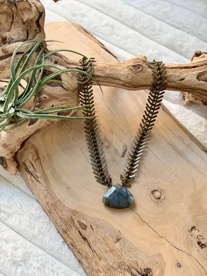 Labradorite + Antique Brass Fishbone Necklace