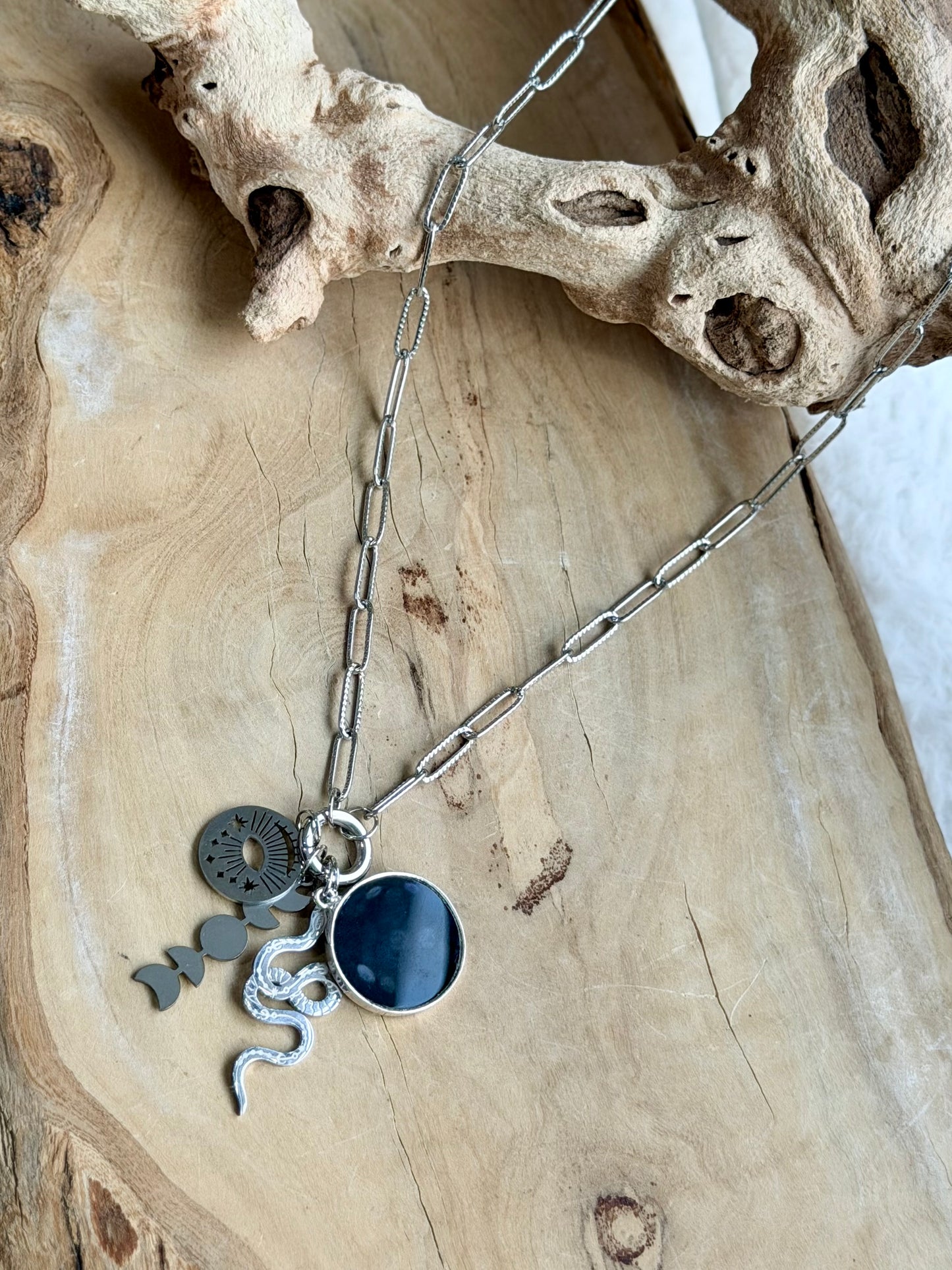 Black Onyx + Silver Carabiner Charm Necklace