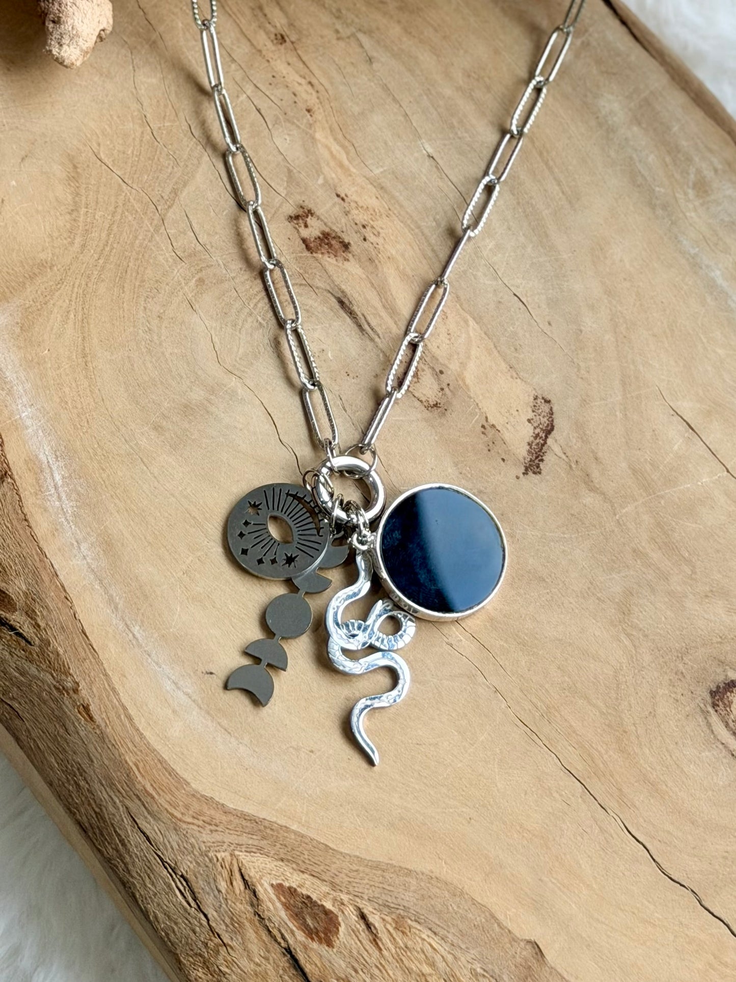 Black Onyx + Silver Carabiner Charm Necklace