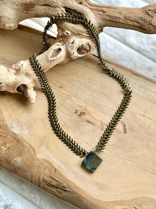 Square Labradorite + Antique Brass Fishbone Necklace