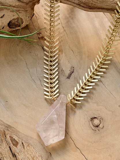Brazilian Quartz + Matte Gold Fishbone Necklace