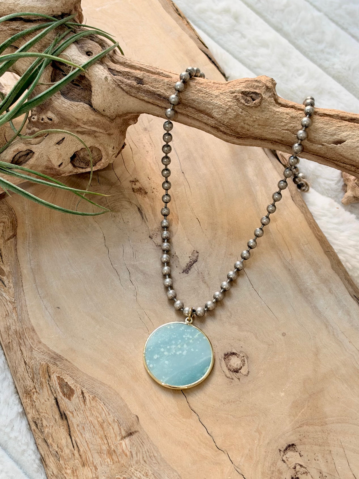 Amazonite + Antique Silver Ball Chain Necklace