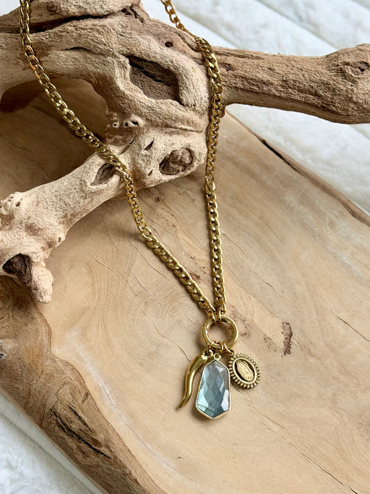 Labradorite + Protection Gold Carabiner Stainless Steel Necklace