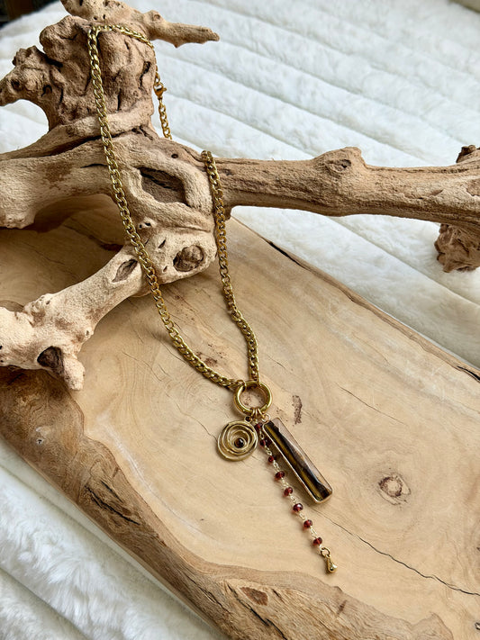 Tiger Eye + Garnet Gold Stainless Steel Carabiner Charm Necklace