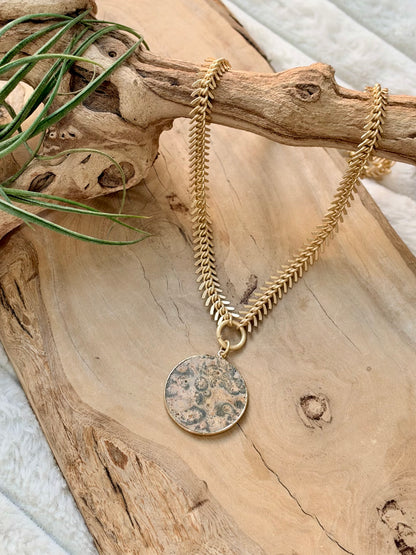 Leopard Jasper + Matte Gold Fishbone Necklace