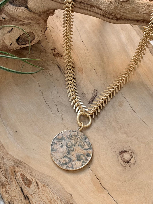 Leopard Jasper + Matte Gold Fishbone Necklace