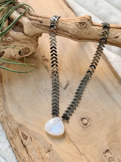 Rainbow Moonstone + Gunmetal Half-Moon Necklace