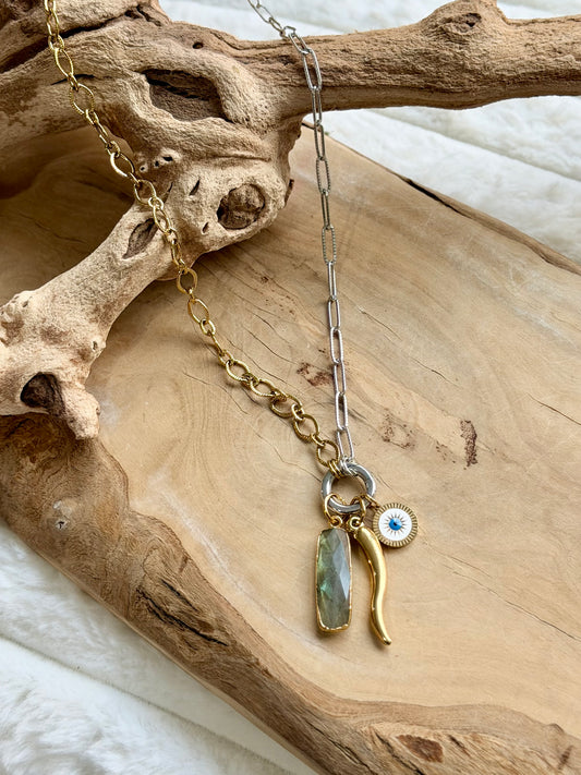 Labradorite + Mixed Metal Carabiner Charm Necklace