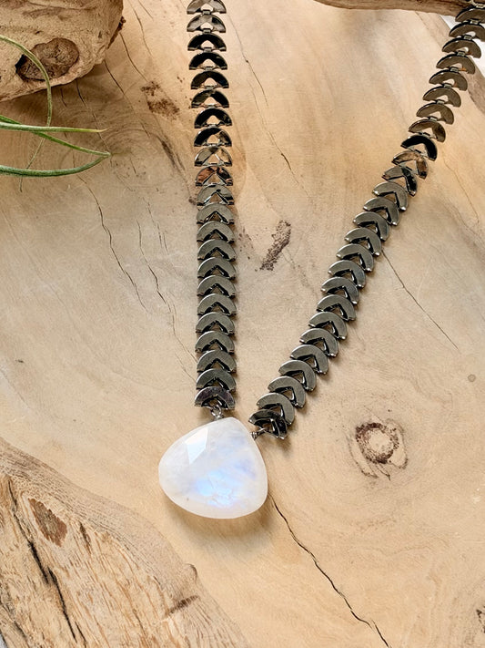 Rainbow Moonstone + Gunmetal Half-Moon Necklace