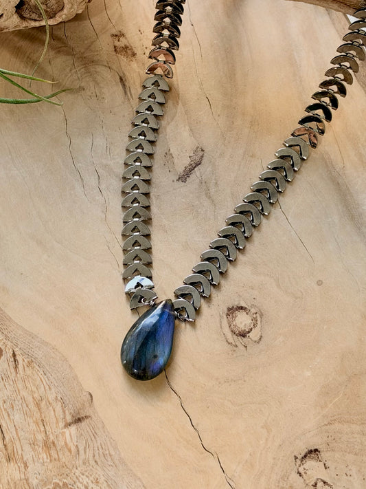 Labradorite + Gunmetal Half-Moon Necklace