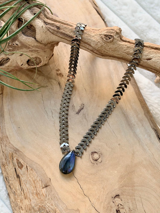 Labradorite + Gunmetal Half-Moon Necklace