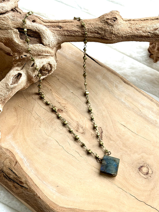 Square Labradorite + Antique Brass Necklace