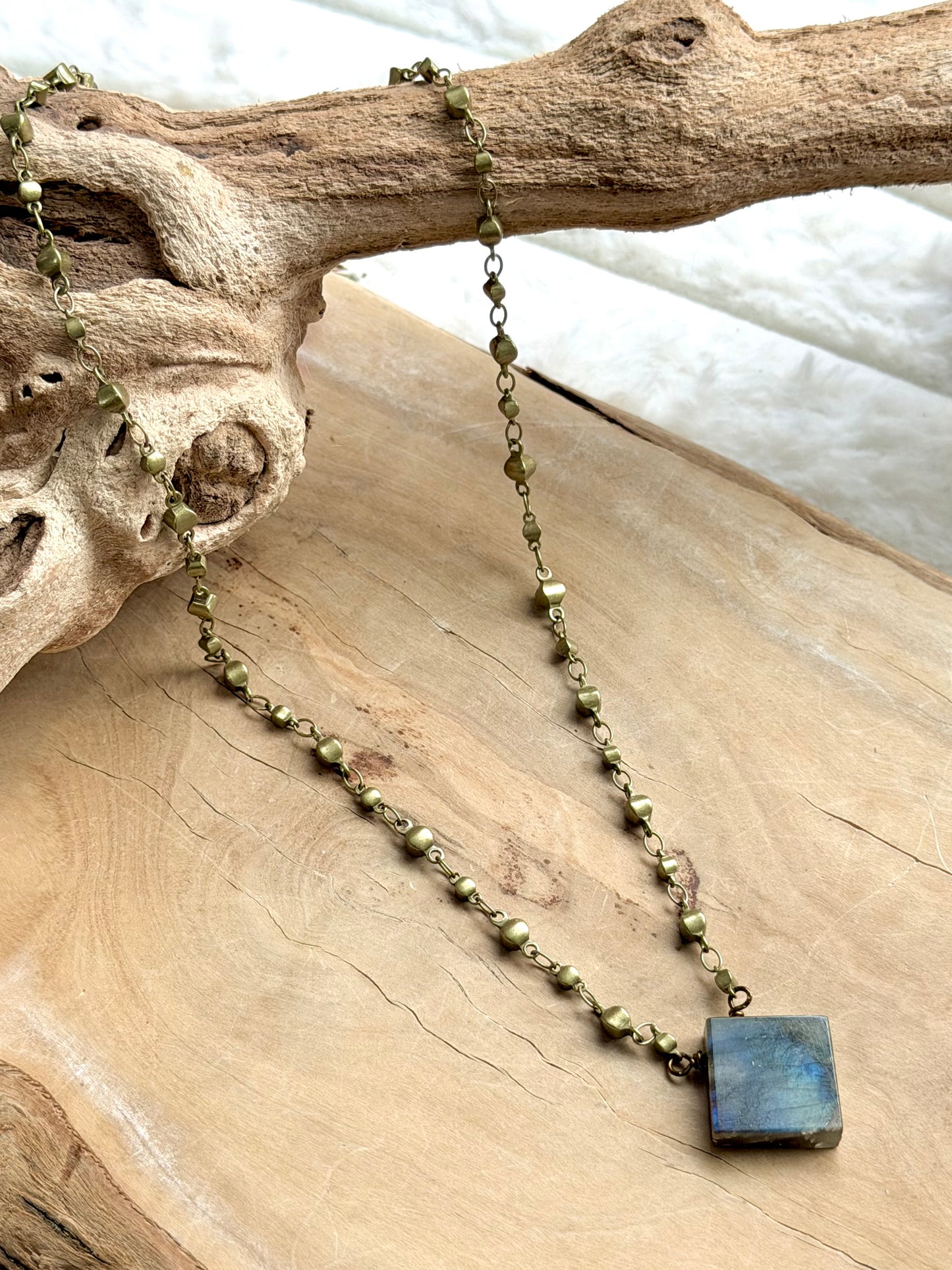 Square Labradorite + Antique Brass Necklace