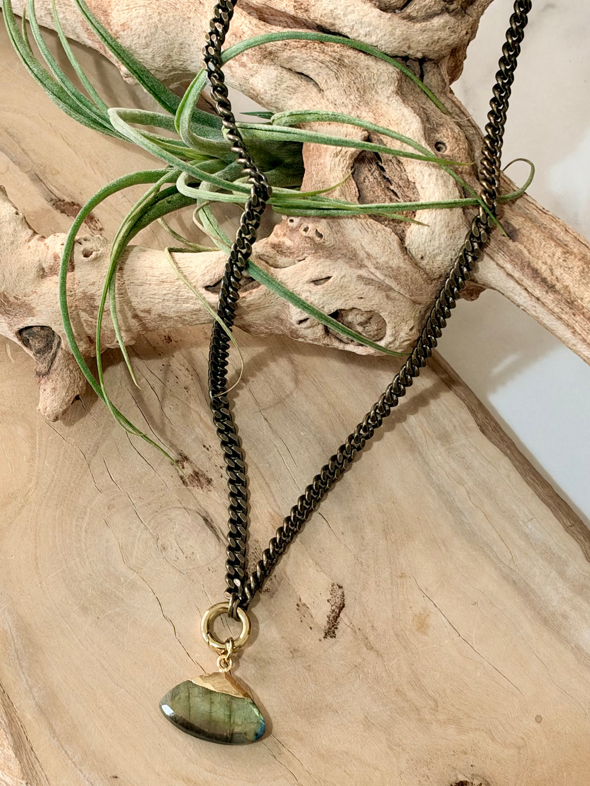 Labradorite + Antique Brass and Gold Carabiner Necklace