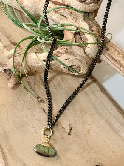 Labradorite + Antique Brass and Gold Carabiner Necklace