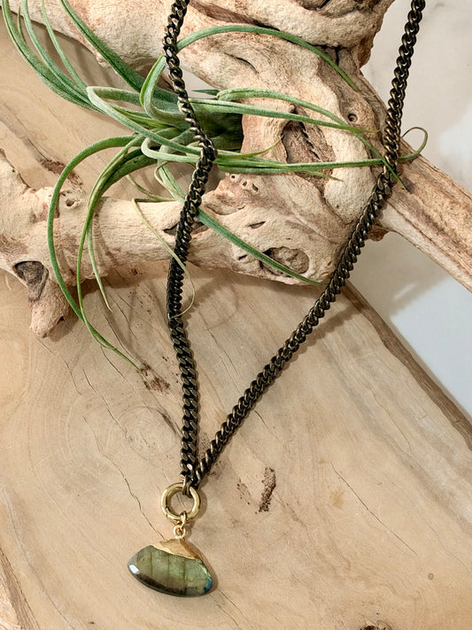 Labradorite + Antique Brass and Gold Carabiner Necklace